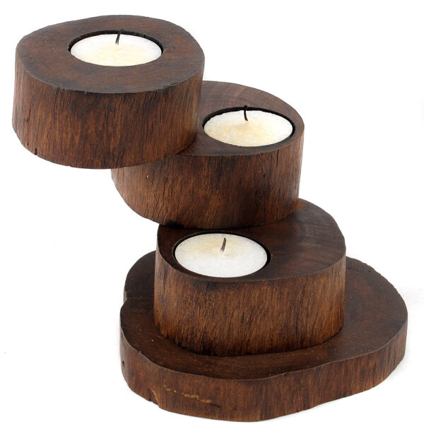 Holz Teelichthalter braun f&uuml;r drei Teelichter