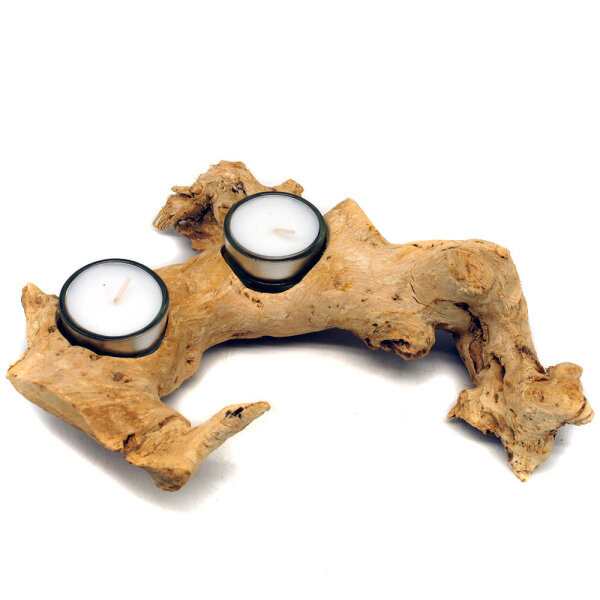 Holz Teelichthalter zwei Lichter Wurzel hell