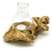 Windlicht kleines Holzst&uuml;ck Teak Wurzel hell