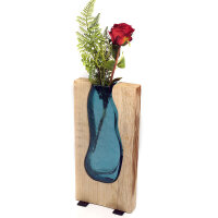 2. Wahl, Blaue Glasvase mit Holz ca. 35 cm hoch, Vase in Holzrahmen, B-Ware