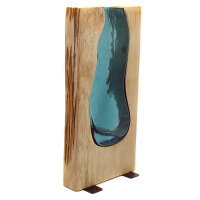 2. Wahl, Blaue Glasvase mit Holz ca. 35 cm hoch, Vase in Holzrahmen, B-Ware