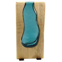 2. Wahl, Blaue Glasvase mit Holz ca. 35 cm hoch, Vase in Holzrahmen, B-Ware