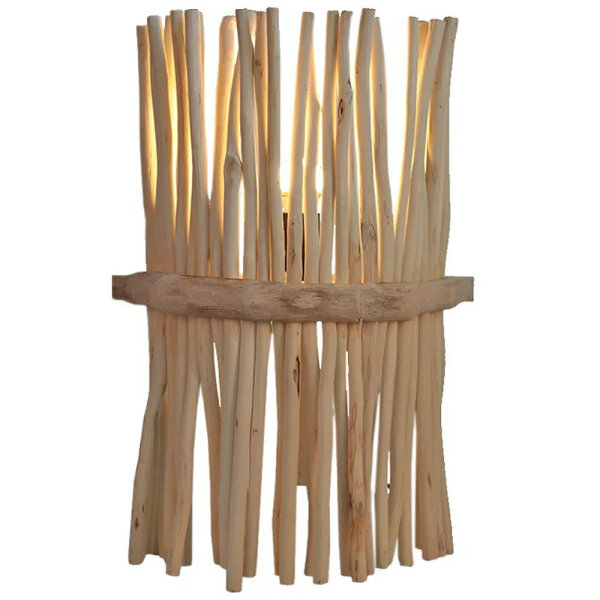 Wandleuchte Holz Rattan mit Schalter und Stecker f&uuml;r Innen 50 cm hoch