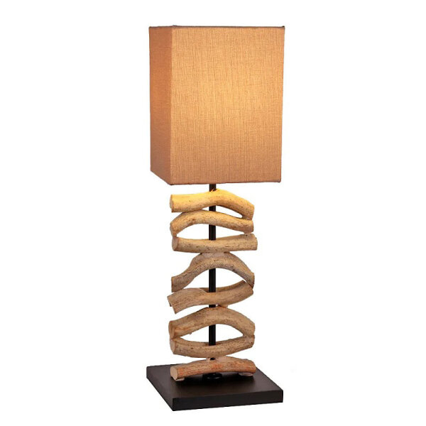 Tischlampe Holz Wellenfu&szlig; Braun eckiger Lampenschirm