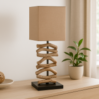 Tischlampe Holz Wellenfu&szlig; Braun eckiger Lampenschirm