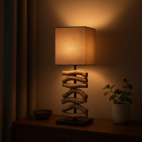 Tischlampe Holz Wellenfu&szlig; Braun eckiger Lampenschirm