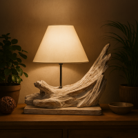 Tischlampe Teak Wurzel wei&szlig; 50 cm hoch