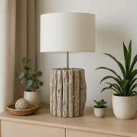 Tischlampe Teakholz mit Rundschirm