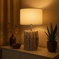 Tischlampe Teakholz mit Rundschirm