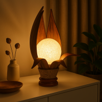 Tischlampe aus Palmenblatt dunkelbraun mit Leuchtkugel