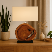 Tischlampe Holzscheibe Teak Baumscheibe 55 cm hoch