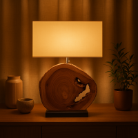 Tischlampe Holzscheibe Teak Baumscheibe 55 cm hoch