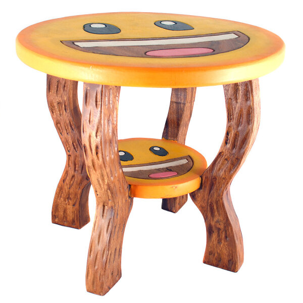 Kindertisch aus Holz rund gelb lachend 50 cm, 43 cm hoch