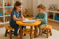 Kindertisch aus Holz rund gelb lachend 50 cm, 43 cm hoch