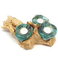 Wurzel Teelichthalter Glas auf Holz f&uuml;r drei Teelichter ca. 30 x 25 cm