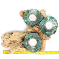 Wurzel Teelichthalter Glas auf Holz f&uuml;r drei Teelichter ca. 30 x 25 cm