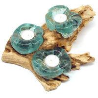 Wurzel Teelichthalter Glas auf Holz f&uuml;r drei Teelichter ca. 30 x 25 cm