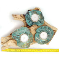 Wurzel Teelichthalter Glas auf Holz f&uuml;r drei Teelichter ca. 30 x 25 cm