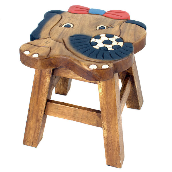 Kinderhocker Holz Motiv Elefant M&auml;dchen mit Fu&szlig;ball