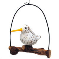 Wei&szlig;er Vogel aus Holz, kleine M&ouml;we auf Schaukel