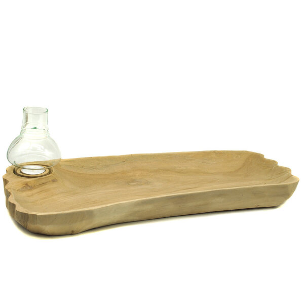 Windlicht Holz Schale Natur gebleicht mit Glas